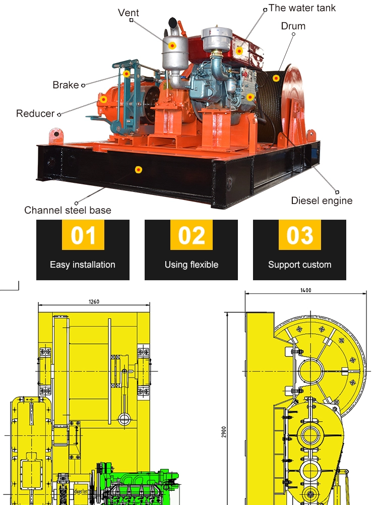 1000 m horizontal pulling  Diesel engine motorize drive winch